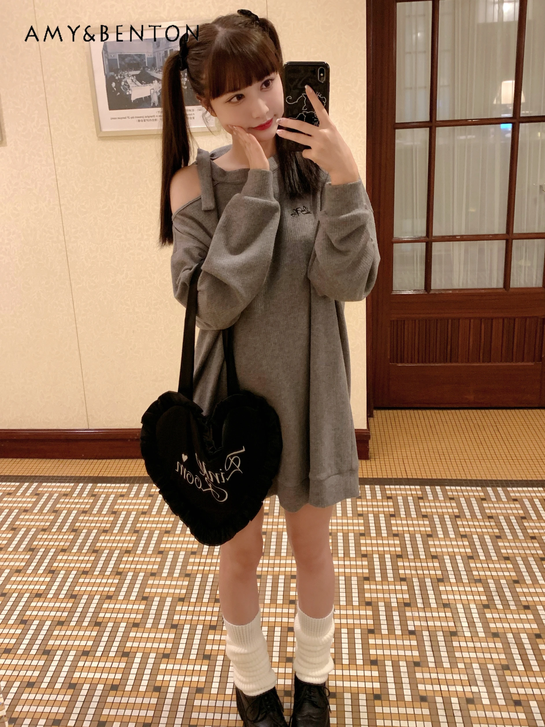 

Japanese Sweet Embroidery Lace-up Sexy Off-the-shoulder Long Sleeve Sweater Dress Street Hot Girl Y2K Oversized Knitted Pullover