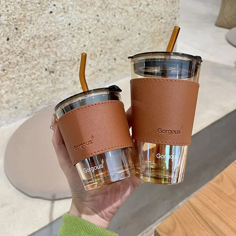 Glass Straw Cup With Thermal Insulation Cover 350/450ml Portable Coffee  Milk Tea Juice Reusable Glass Office And Household - AliExpress