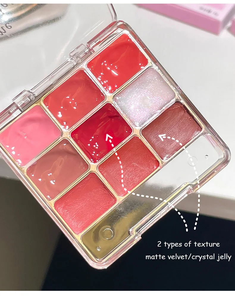 Description Picture 3 of itemLip Jelly Plate Mirror Crystal Matte Lip Gloss Moisturizing Velvet Water Glass Red Orange Sexy Lip Plump Blush Eyeshadow Palette
