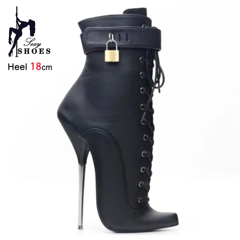 18CM/7'' Stiletto Heels Matte Leather Pointed Lockable Padlocks Short Boots Nightclub Club Fetish Sexy Shoes Women Ballet Boots