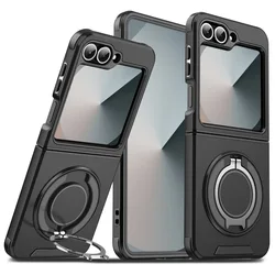 Magnetic 360 Rotating Bracket Phone Case with Ring Holder - Hard Shell Protective Cover for Galaxy Z Flip6 (Black)
