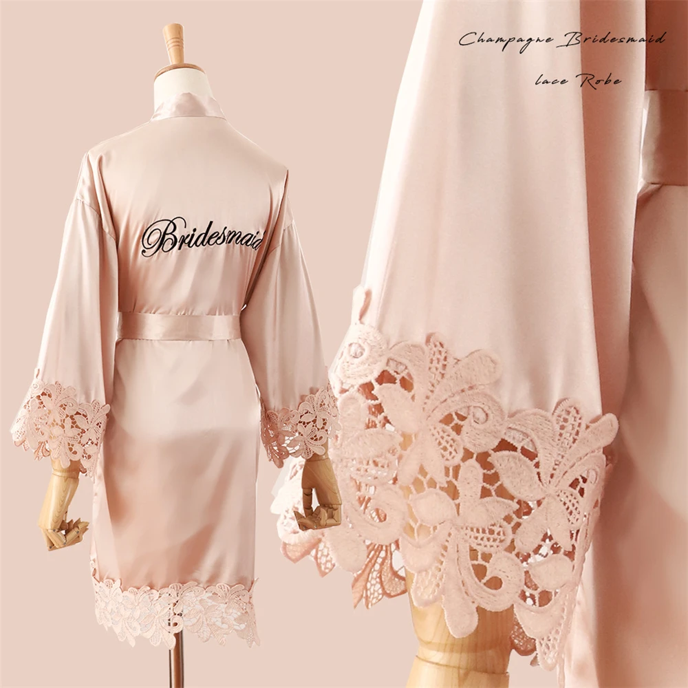 1PC Wedding Embroidery Bride Bridesmaid Kimono Dresses Lace Gown Women Sleepwear
