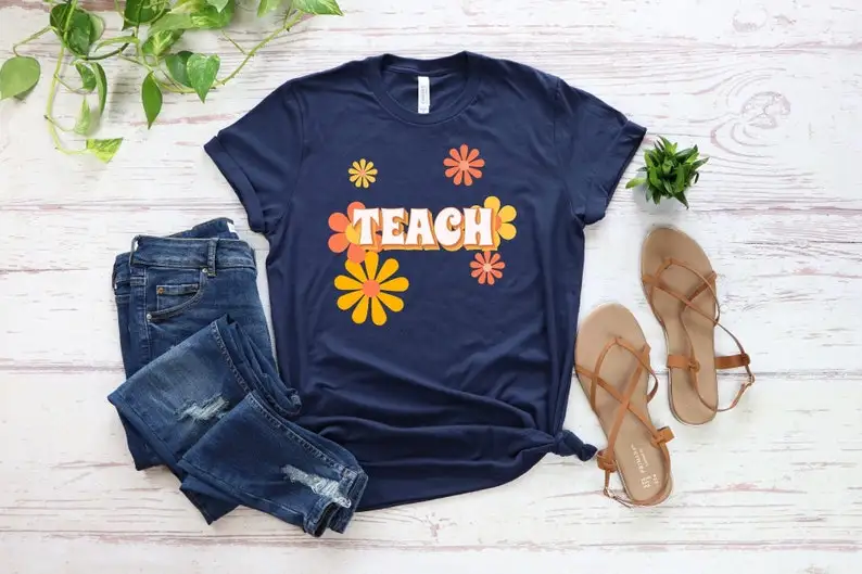 Retro Teach T-Shirt Teacher Gift Cute Teacher Shirts Teach Love Shirt Homeschool Mom Tee Cotton O Neck Short-Sleeve woman Tops