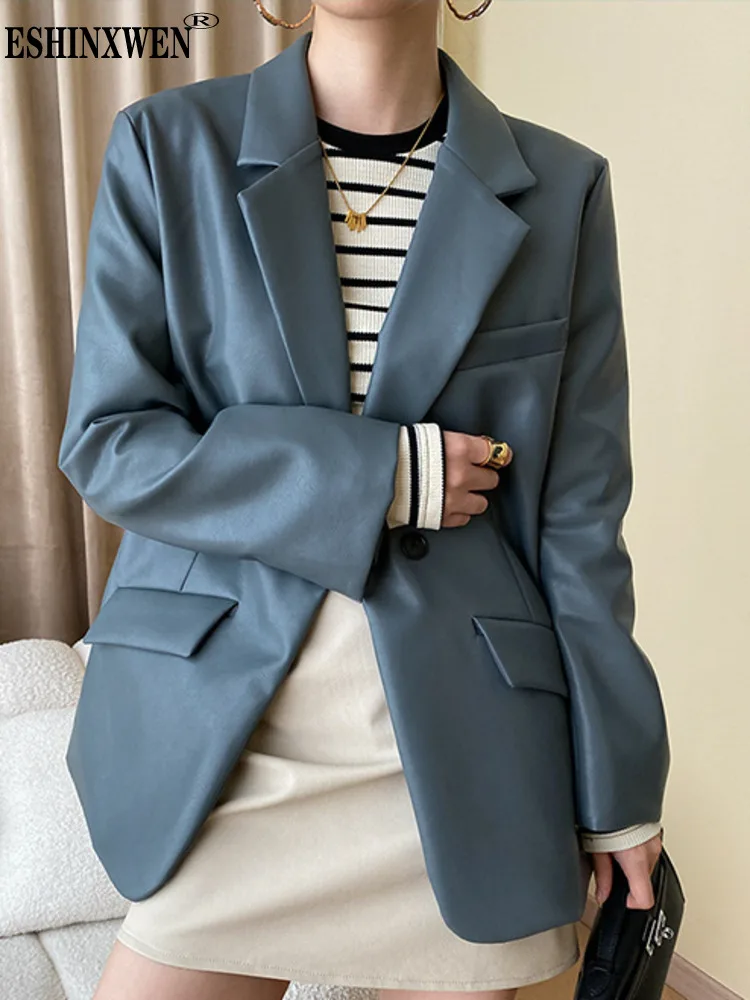 

Eshin Notched Collar Long Sleeve Single Button PU Leather Coats For Women 2023 Autumn Fashion Female New Elegant Tops TH4702