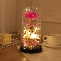 Enchanted Galaxy Glass Rose with Illuminated Crystal Flower and Butterfly Moth in Glass Dome (Beige)