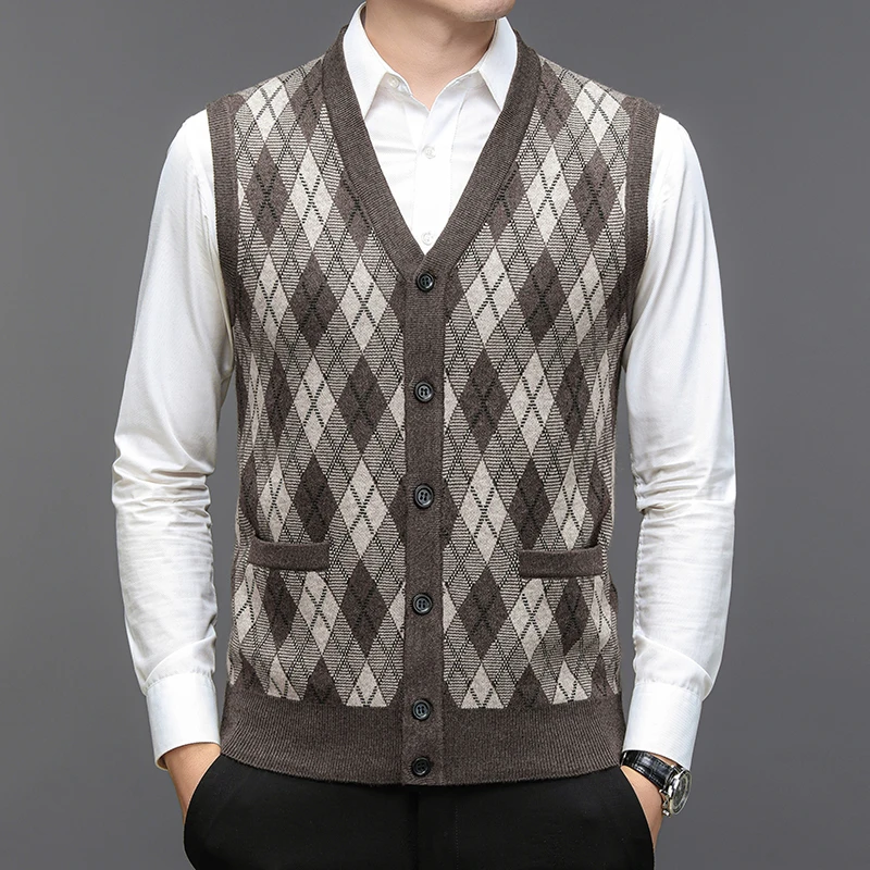 

Мужской шерстяной однобортный свитер без рукавов, Осень-зима 2023