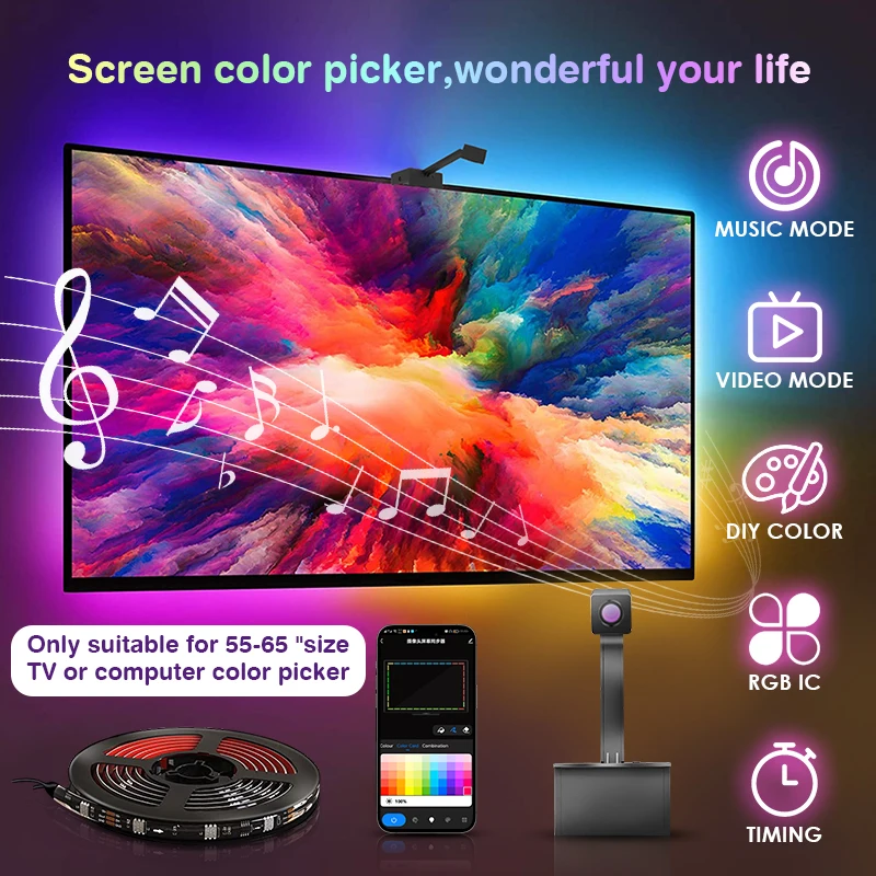 

RGBIC LED Ambient TV Computer LED Backlight Strip Lights with 1080P Camera Music Sync Wi-Fi Smart Color Extractor for 55-65 Inch