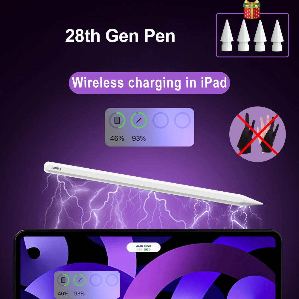 Apple Pencil Canetas Ipad com Carregamento sem Fio Rejeição de Palma Inclinação Air Pro 11 12.9 Mini Apple Stylus Pen
