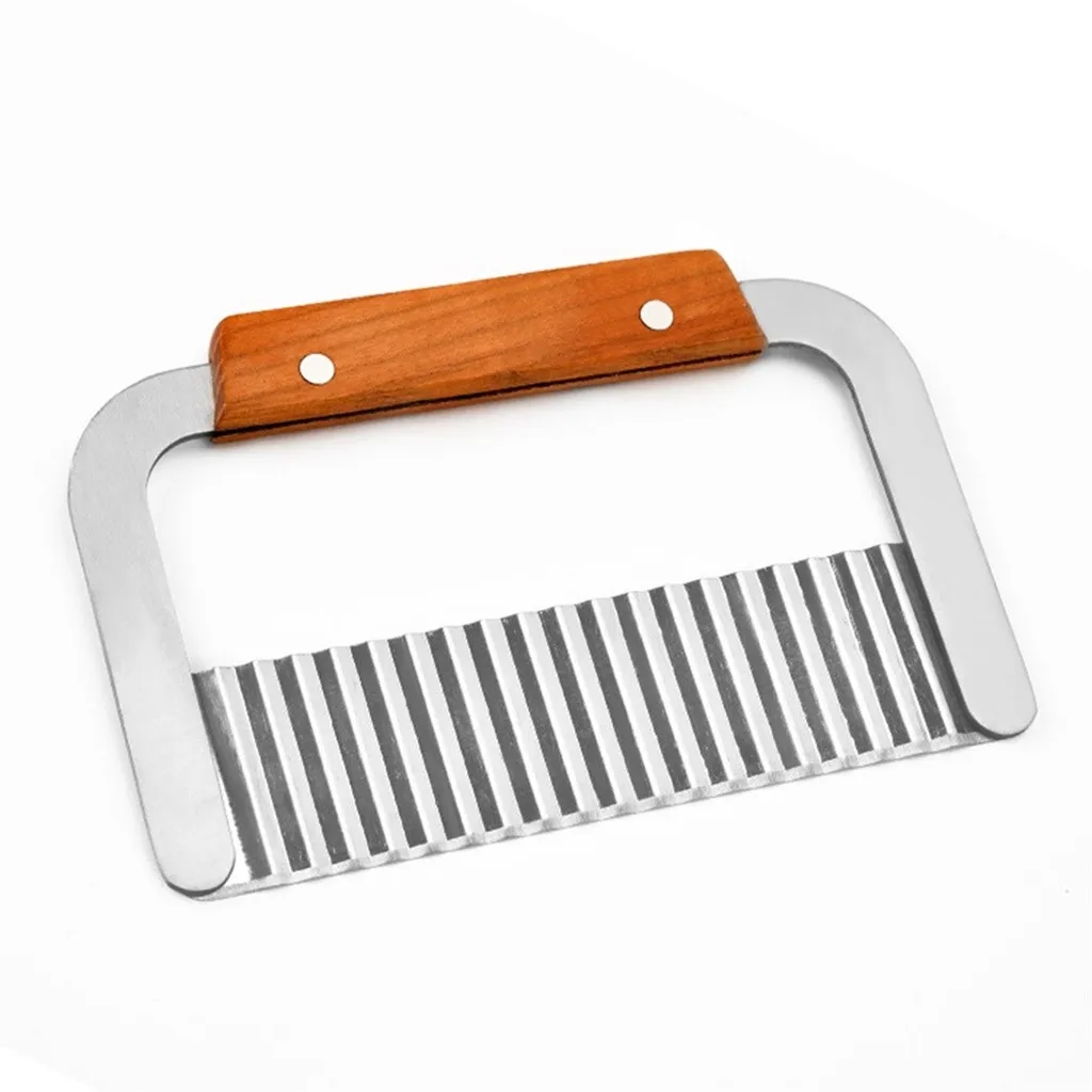 Wooden Handle Stainless Steel Potato Chip Slicer Dough Vegetable Fruit Crinkle Wavy Kitchen Knife Cutter Chopper Tools Gadget vegetable slicer french fry cutter