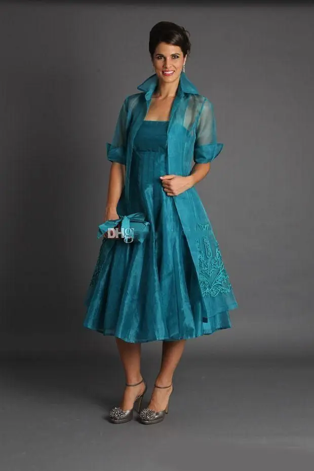 

Vintage A Line Short Mother of The Bride Dresses with Jacket Teal Length Suits Collar Empire Collar Women Evening Gowns Organza