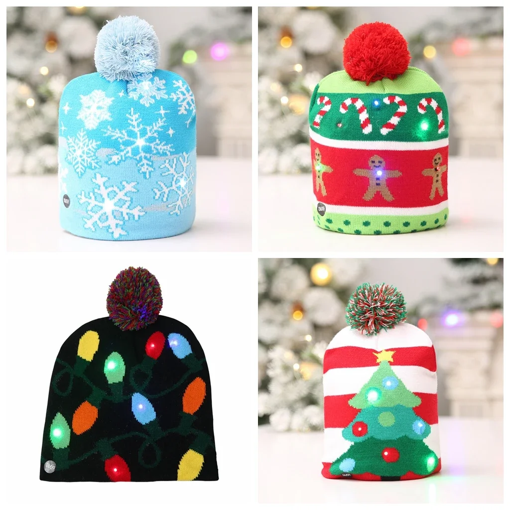 

Christmas Flanging Plush Ball Knitted Glowing Hat Xmas Colorful Lights Elk Snowman Warm Hat 2024 New Year Merry Christmas Hats