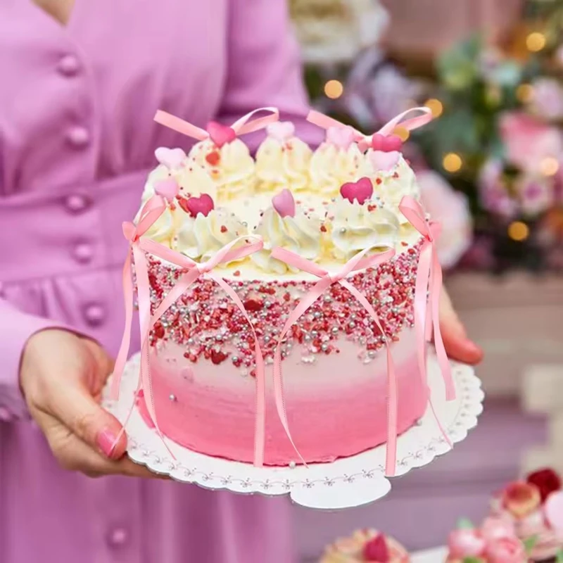 10/20Pcs Bow Cake Decorations Pink Bowknot Ribbon Cake Toppers Kids Girls Birthday Party Supplies Wedding Cake Decor Christmas