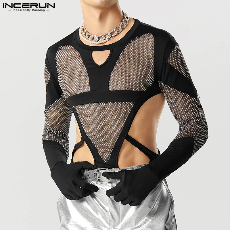 INCERUN Sexy Men's Jumpsuit Flash See-through Mesh Hollow Deconstruction Design Bodysuits Triangular Long Sleeved Rompers S-5XL