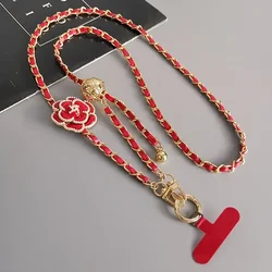 Elegant Camellia Crossbody Phone Lanyard with Round Ball and Telescopic Buckle (Red)