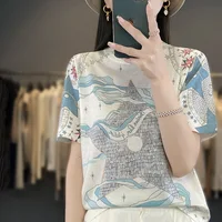Thin Knitted Short-Sleeved Mulberry Silk T-Shirt In Summer With Women's Wool Printed Half-Sleeve Loose Ice Silk Bottoming Shirt - Image 4