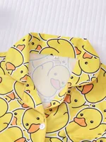 Yellow duck print pajama set Comfortable short-sleeved lapel top and elasticated waist shorts Women's loungewear - Image 3