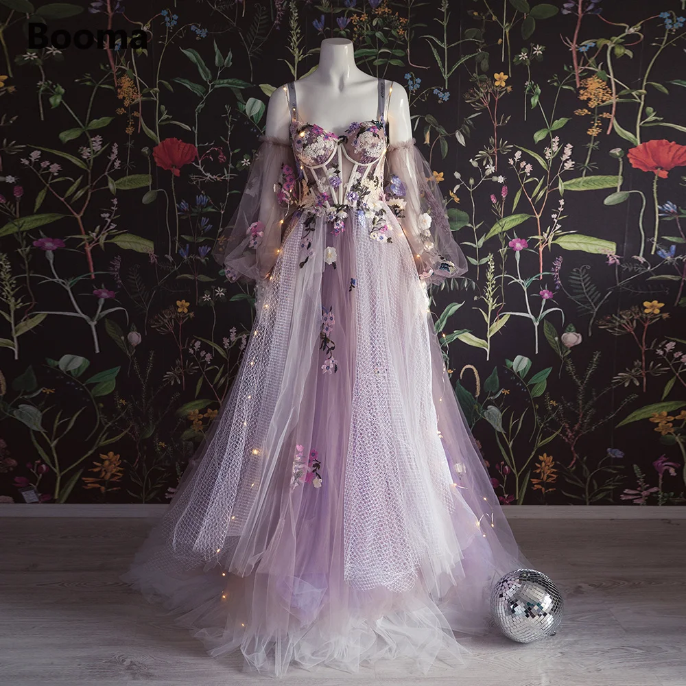 

Booma Fairy Lavender Sweetheart Tulle Prom Dresses Puff Sleeves Floral Appliques A-Line Formal Party Dresses Long Prom Gowns