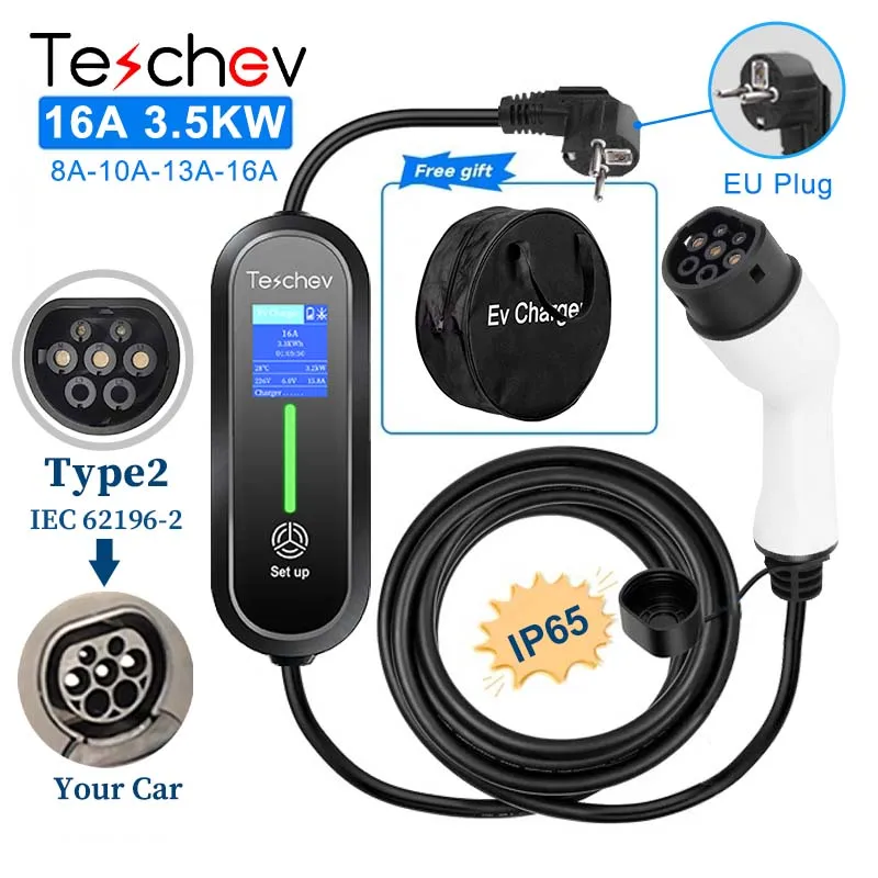 Cargador Portátil para Vehículos Eléctricos Teschev Tipo 2/Tipo 1 J1772 16A 3.5kW, Cable de Carga con Enchufe CEE7/7, Pantalla LCD para Carga de Autos Eléctricos