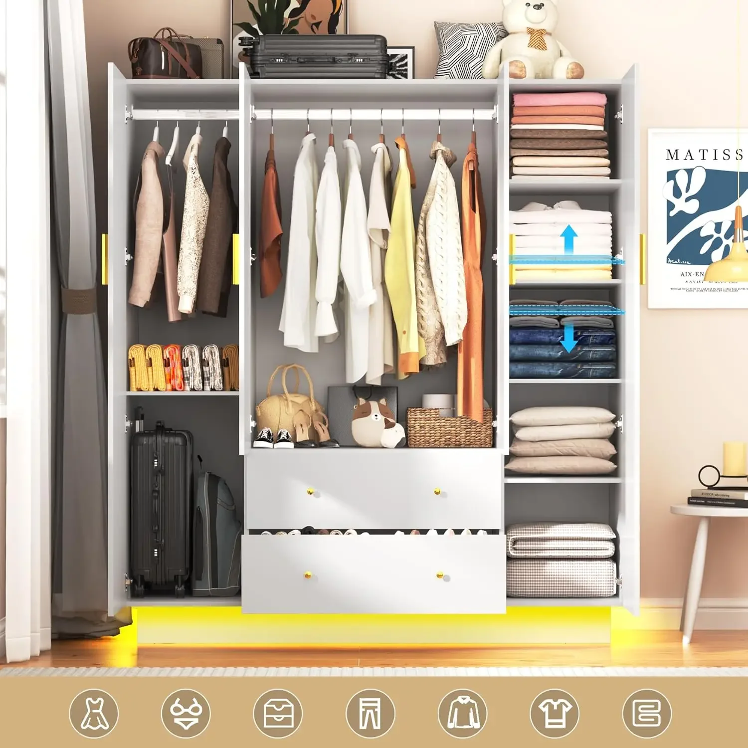 4 Doors Armoire Wardrobe Closet with Mirror, LED Armoire, Wooden Armoire Storage Cabinet with Hanging Rod,White 3