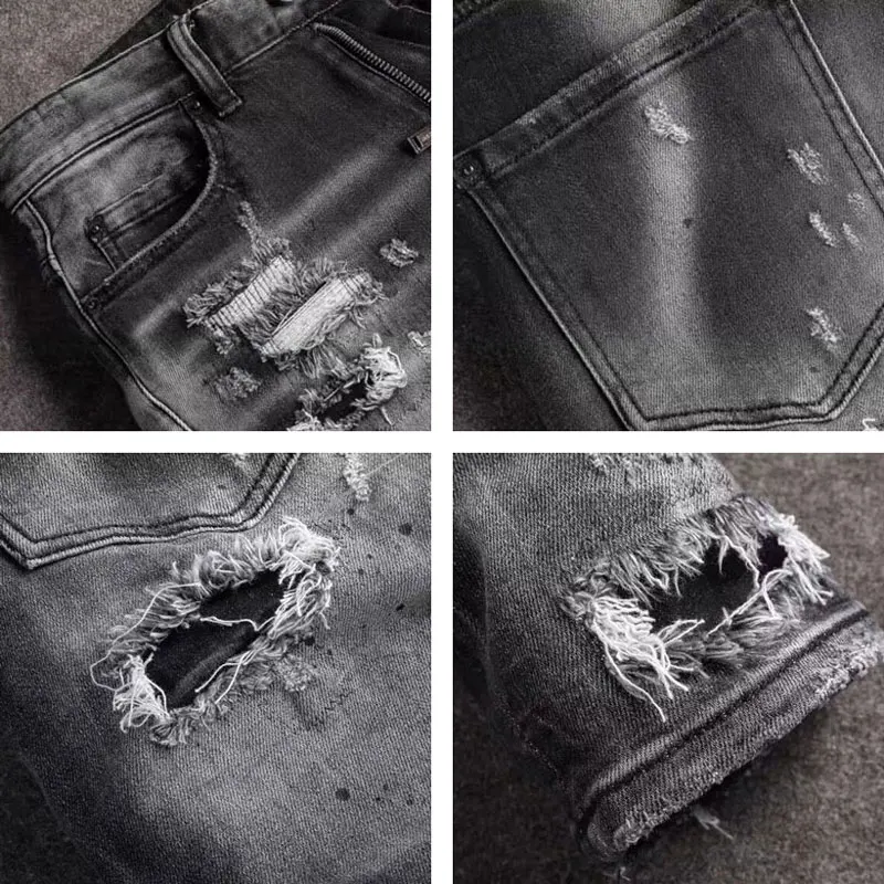 Streetwear Fashion Men Jeans Retro Black Gray Stretch Slim Fit Hole Ripped Jeans Men Patched Designer Hip Hop Brand Pants Hombre