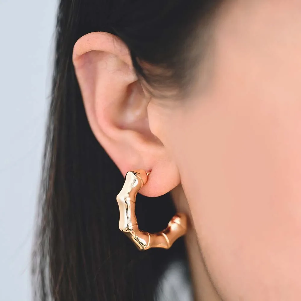 18K Gold Plated Round Bamboo Earrings Hooks Designer Style Circle Huggie Hoop Earring Stainless Steel Vintage Jewelry Party Gift