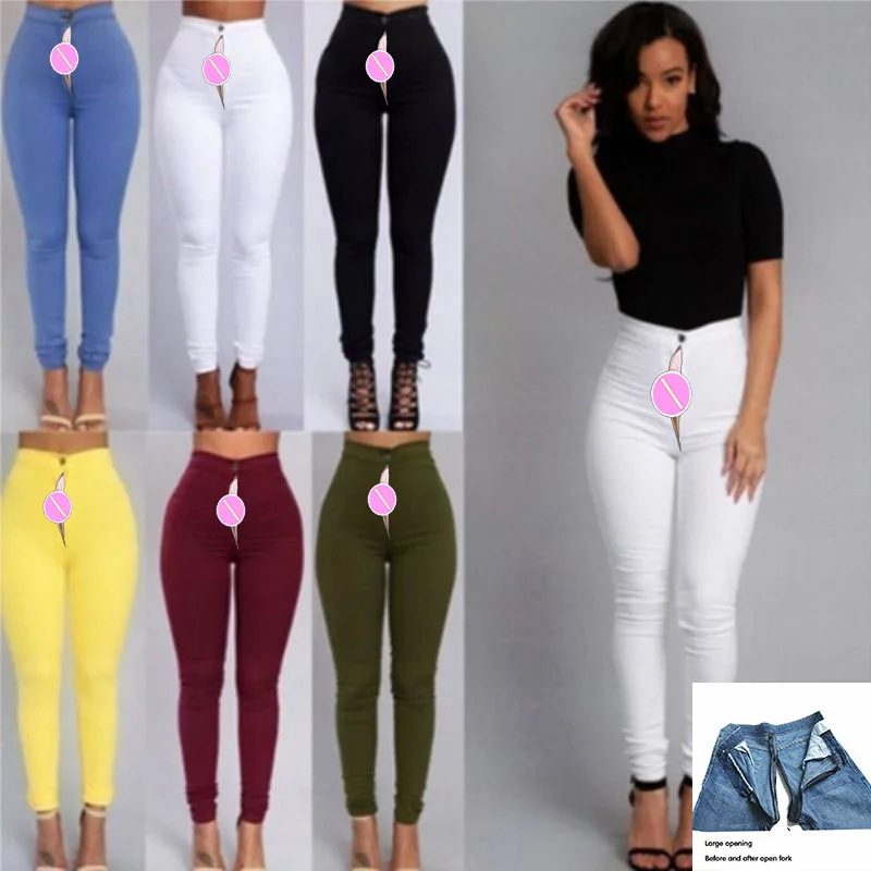 2023 New Fashion Elastic High Waisted Jeans Women Leggings Lady Denim Trousers Invisible Open-Seat Pants Outdoor Sex Convenient