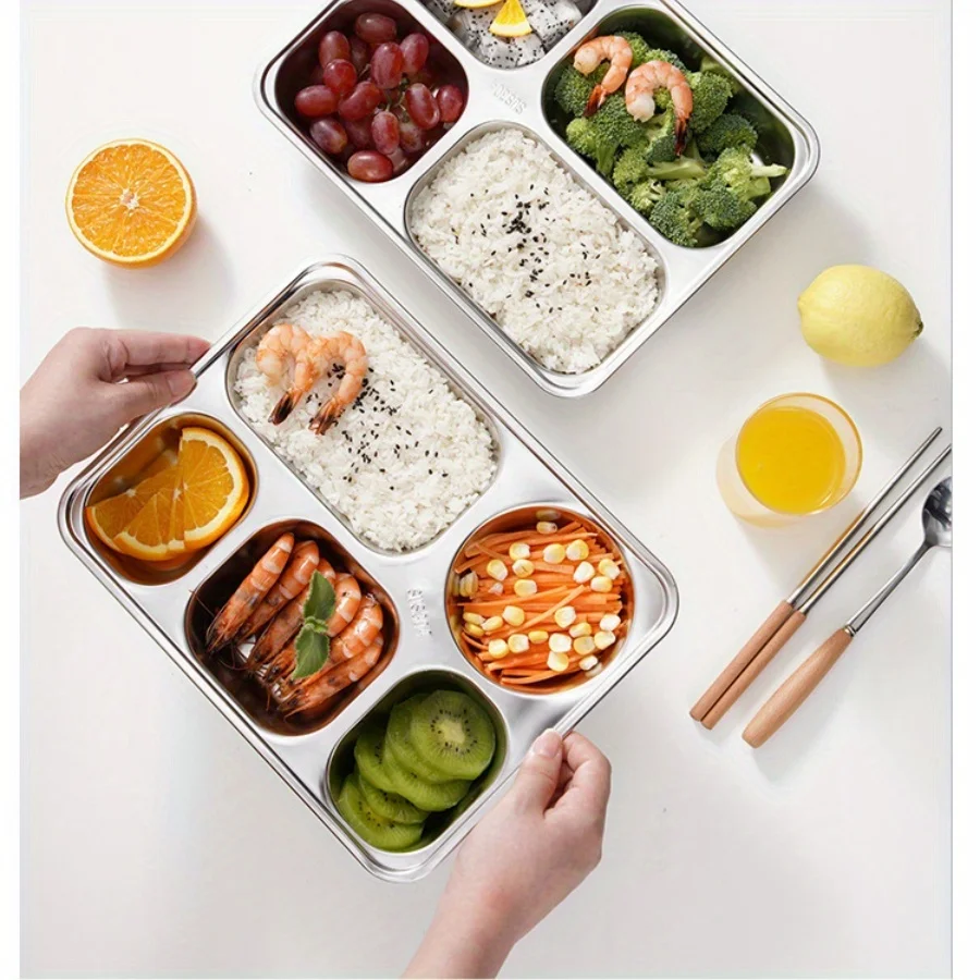 SUS304Stainless steel deepened and thickened dining plate, five grid fast food plate, partitioned meal box, cafeteria restaurant
