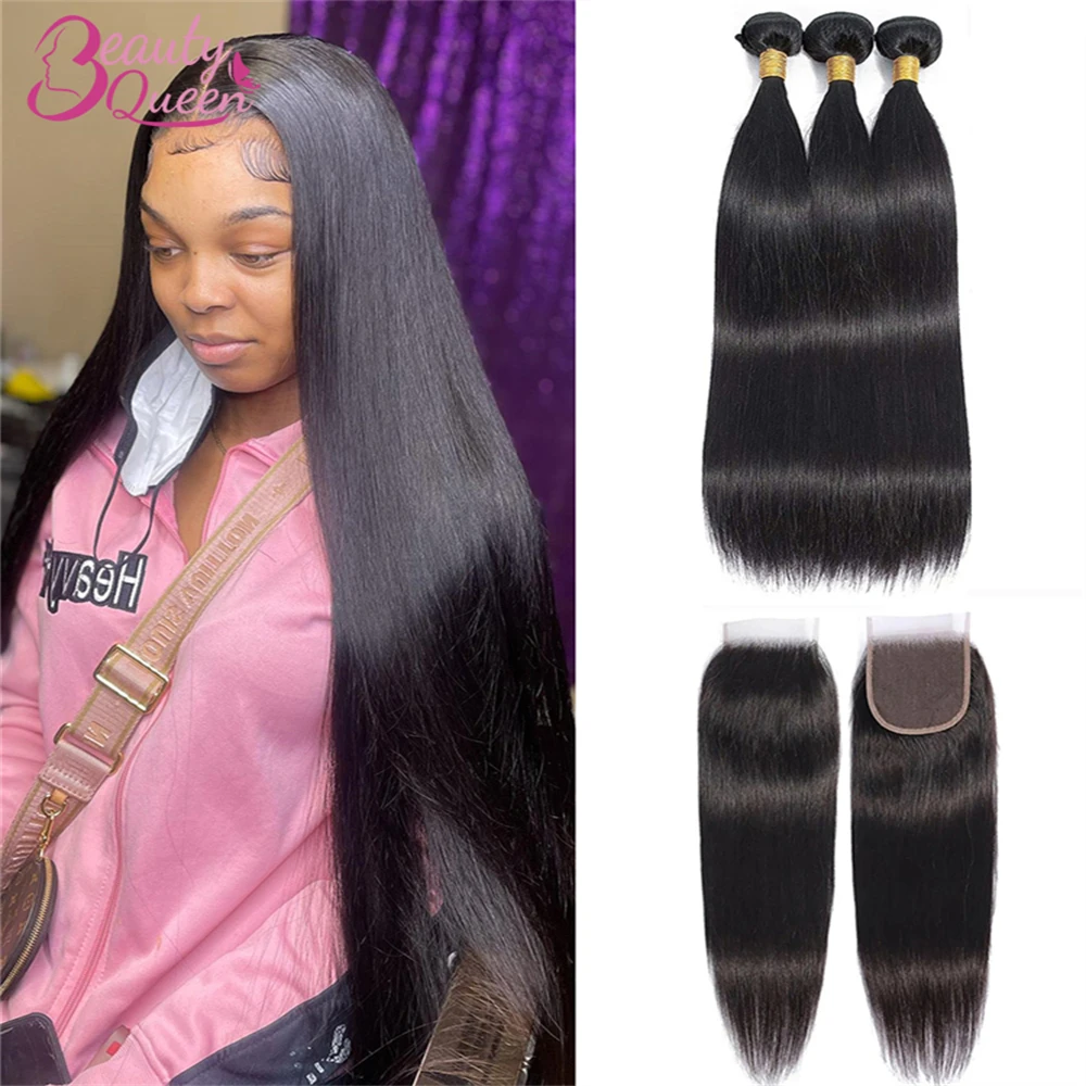Bundles With Closure Bone Straight Brazilian 28 30 32 Inch Human Hair Weave Bundles With 4x4 HD Lace Closure Human Hair Tissage