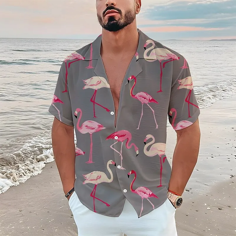 

Men's Shirt Summer Hawaiian Shirt Flamingo Graphic Prints Turndown LShort Sleeve Button-Down Print Clothing Apparel Tropical