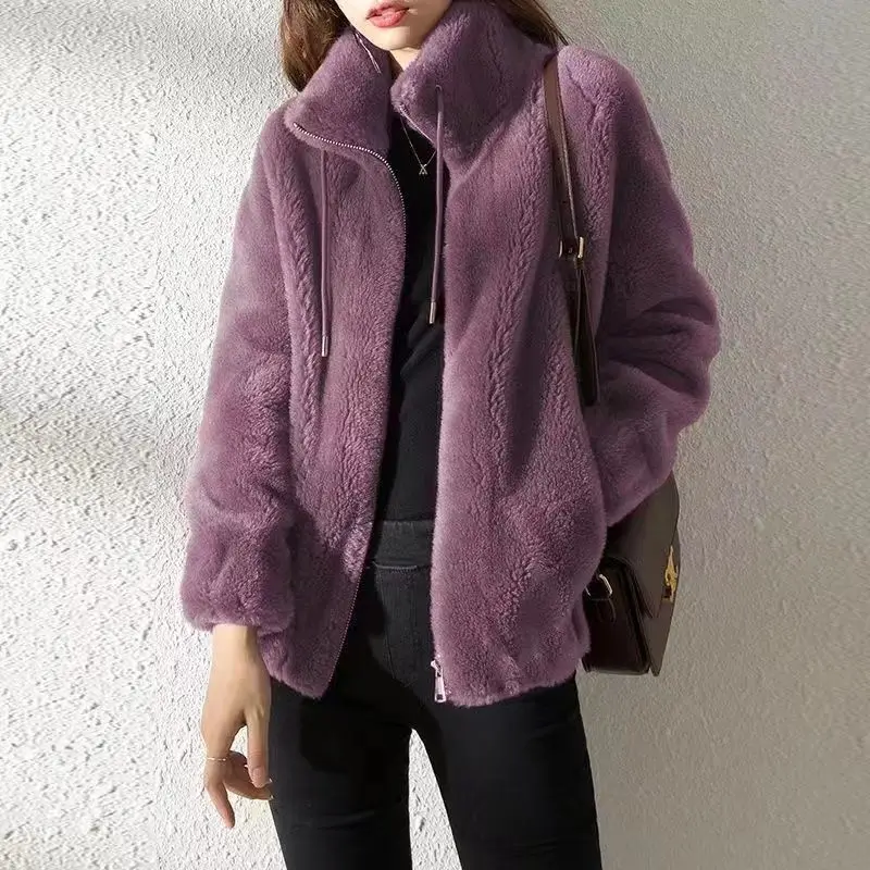 

Women's Autumn Winter Solid Turtleneck Drawstring Bandage Flocked Long Sleeve Zipper Cardigan Coats Casual Office Lady Tops