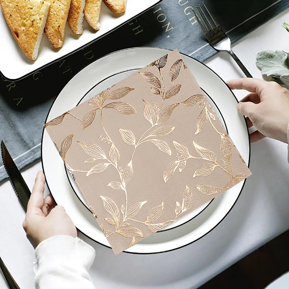 20pcs/lot Gold Foil Leaf Napkin 2/3layer Fragrance Free Party Table Napkins Paper Cafe Mouth Cloth Hotel Dining Tray Tissues,disposable tableware,paper napkins