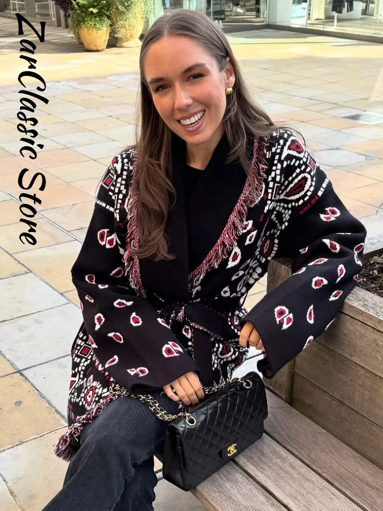 Cardigan Chic en tricot Jacquard avec ceinture à pampilles pour femme, pull chaud à manches longues et revers à lacets, automne-hiver 2021, élégant