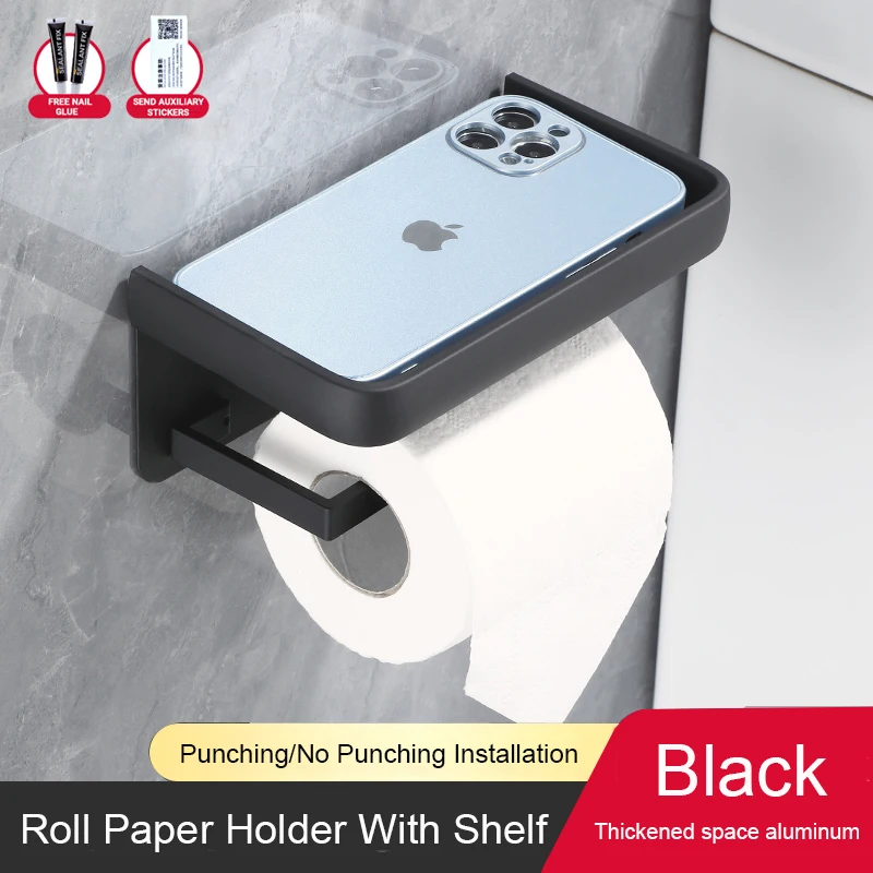 Toilet Paper Holder, Wall Mounted Toilet Paper Holder With Storage Shelf,self-adhesive,  Aluminum Punch-free Tissue Storage Rack