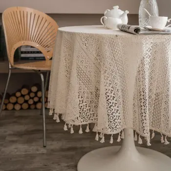 Round Lace Tablecloths with Tassels, Washable Crochet Vintage Cotton Table Cover for Kitchen Dinner Wedding Party Banquet Decor
