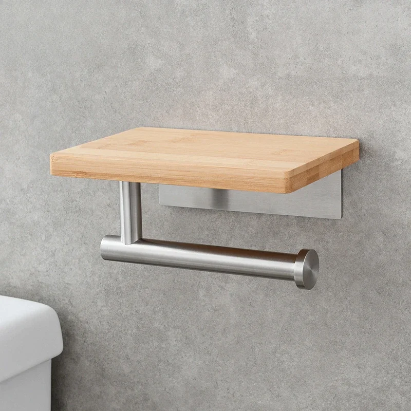 Stainless Steel Non-punching Roll Paper Holder Bathroom Mobile Phone Solid Wood Storage Wall Hanging Paper Towel Holder