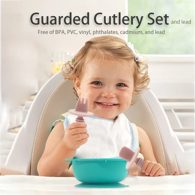 Food Grade Baby Full Silicone Fork and Spoon Set Children's Complementary Food Feeding Training Fork Spoon Solid Color Teaspoon 3