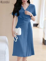 Summer Women Elegant OL Work Sundress V Nek Party Dress 2024 ZANZEA Fashion Short Sleeve Robe Femme Solid Pleated Midi Vestidos - Image 4