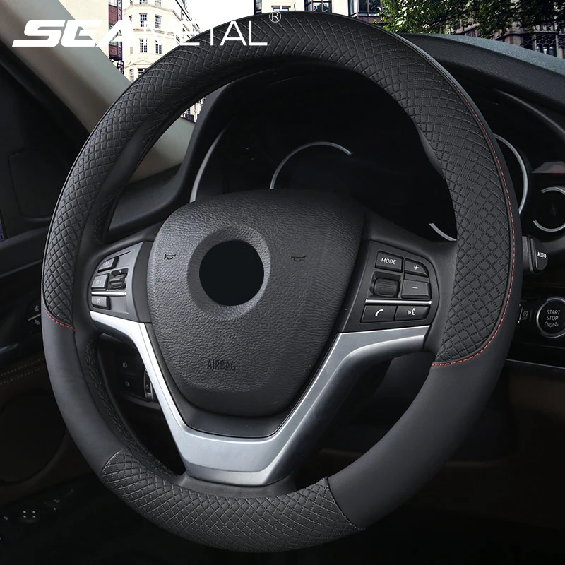 Steering Wheel Cover 38cm Steering Wheel Cover PU Leather Anti Slip Breathable Fiber Braid Universal