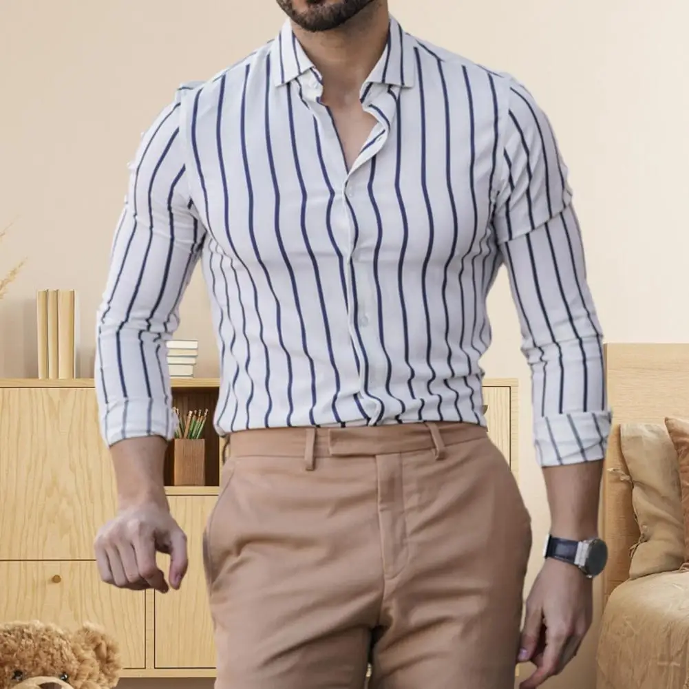 

Men Formal Shirt Stylish Men's Striped Print Business Shirt Slim Fit Long Sleeves Turn-down Collar for Formal Fall Wear Men