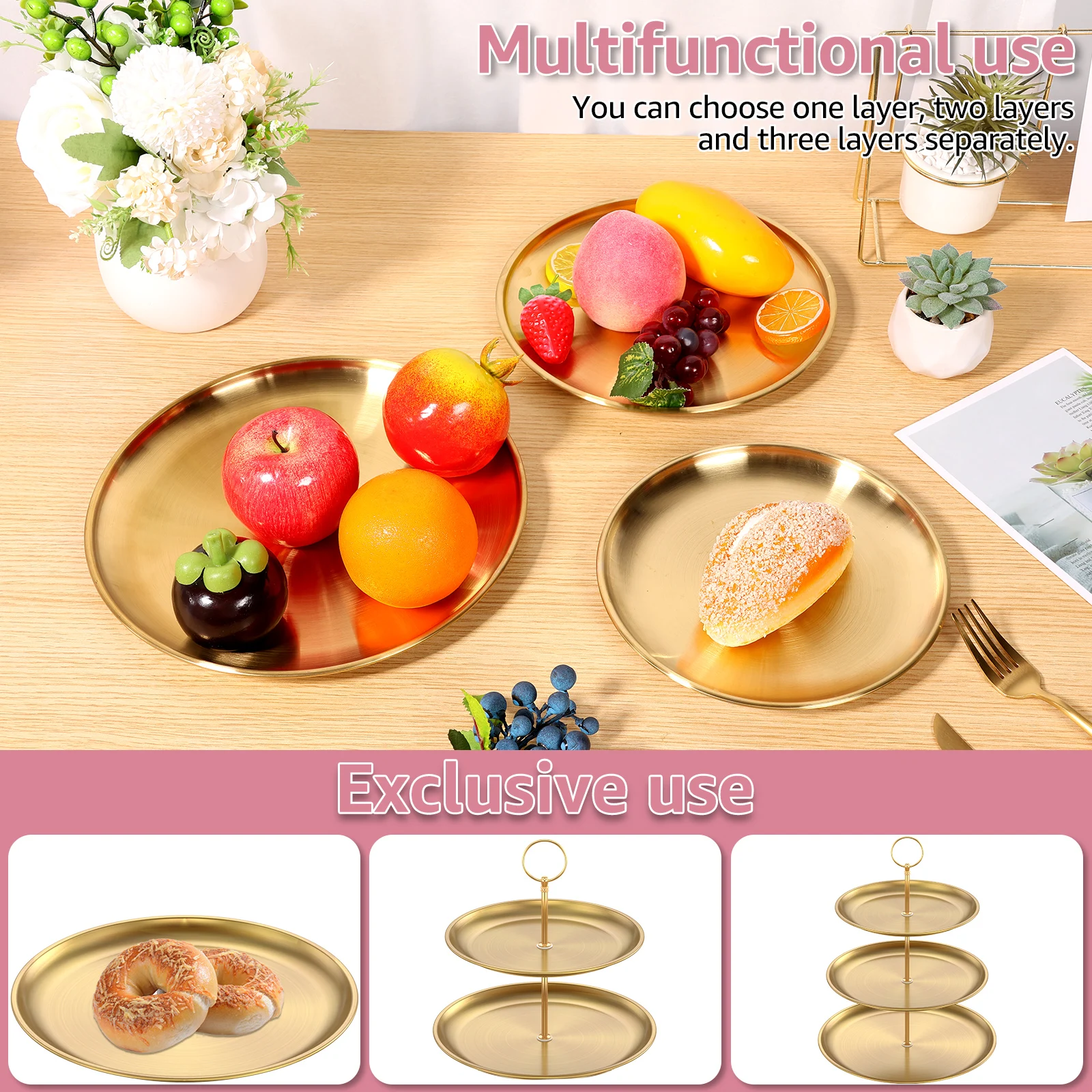 3 Layer Cake Stand Fruit Plate Tray Metal Cupcake Display Tower Decorative Gold Round Cake Display Stand Birthday Party Wedding