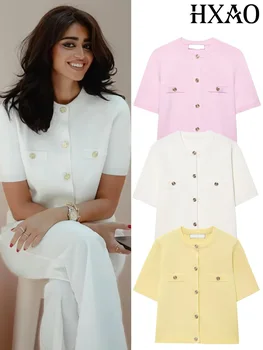 HXAO Cardigan Woman Knitwear Button Ladies Short Sleeve Knit Bolero Women's Tricot Top Summer Outerwear Crop Cardigan Top Female 1