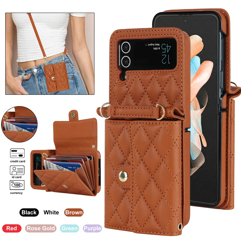 

Luxury Crossbody Leather Wallet Card Phone Case for Samsung Galaxy Z Flip 5 4 3 Flip5 Flip4 Flip3 Lanyard Purse Flip Stand Cover