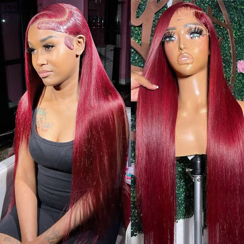 버건디 레드 13X6 13X4 HD 레이스 프론트 인모 가발 여성용 99J 스트레이..