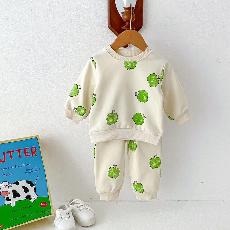 

MILANCEL 2024 Autumn Kid's Baby Clothes Set Boys Sportswear Suit Girls Green Apple Printed Hoodie and Pants 2 Pcs Sets