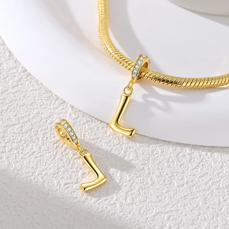 Elegant 925 Sterling Silver Golden Letter Pendant Charm Bead for Women - Jewelry Gift DIY