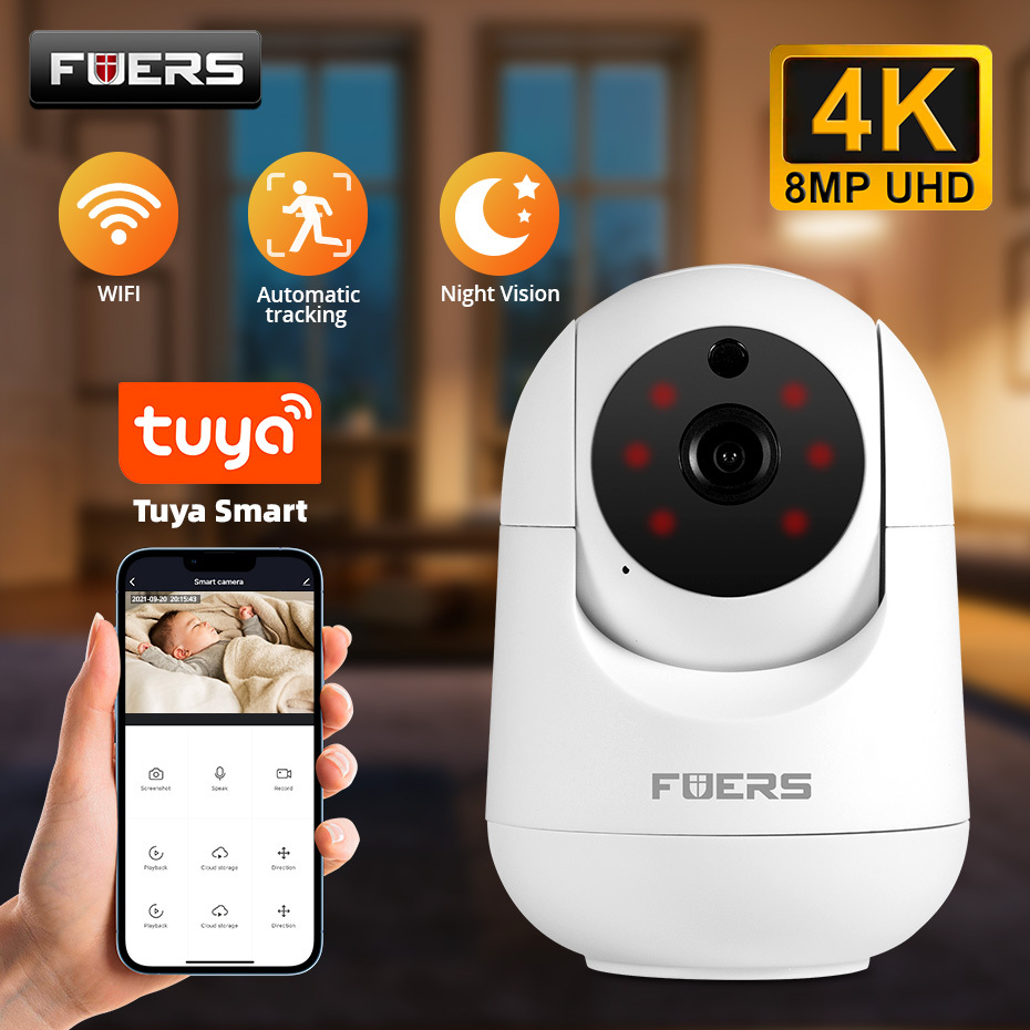 Fuers 4K 8MP Tuya Smart Wifi Camera Automatic Tracking AI Human Detection Surveillance Wireless IP Camera Security Protection