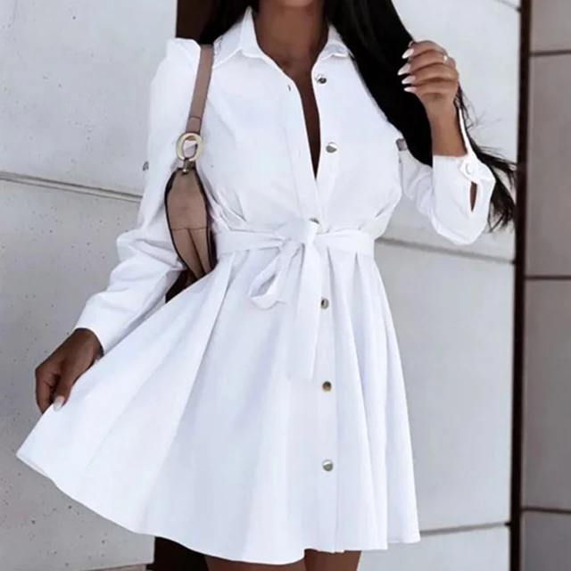 Vestido camisero blanco elegante para mujer, Vestido de manga larga liso  para mujer, Mini bata informal de oficina, botón Delgado, negro, otoño -  AliExpress