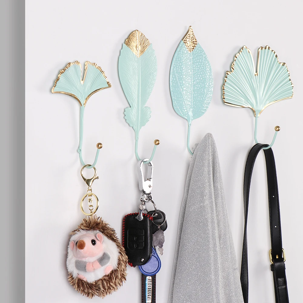 Nordic Leaf Shape Hook Creative Gold/Green Coat Rack Adhesive Holder Wall Coat Key Hanger Free-Hole Home Wall Hanging Decoration — view 2