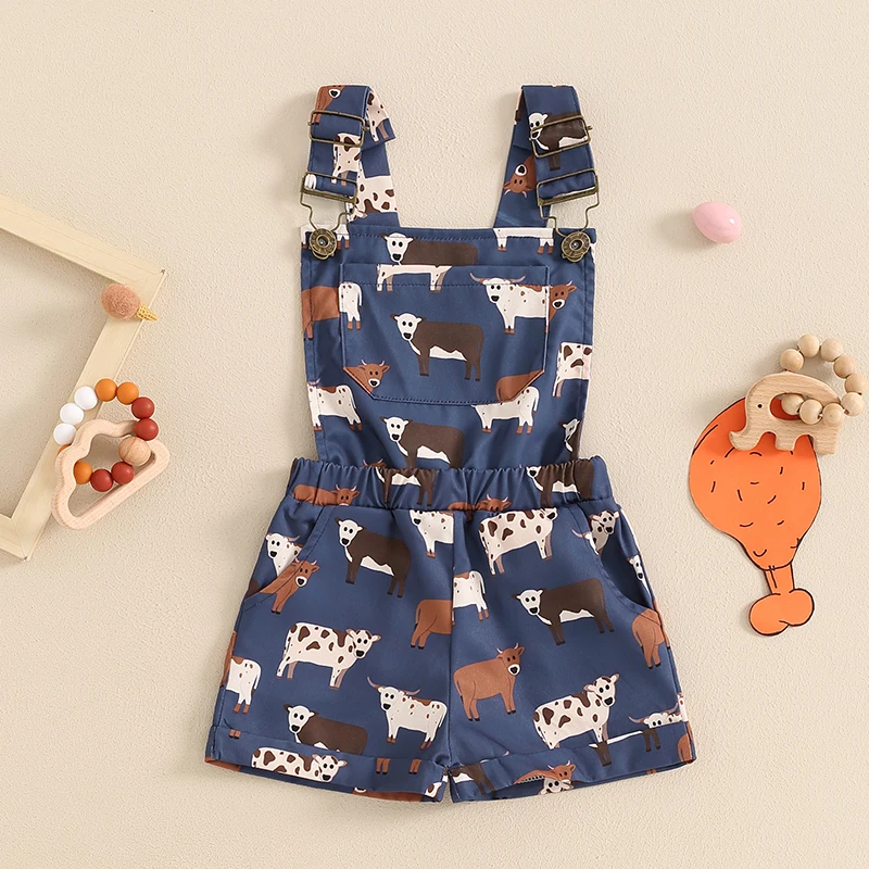 Children s Boys Denim Overalls with Dinosaur Print Adjustable Straps Buttons Pockets Shortall Summer Romper Jumpsuit