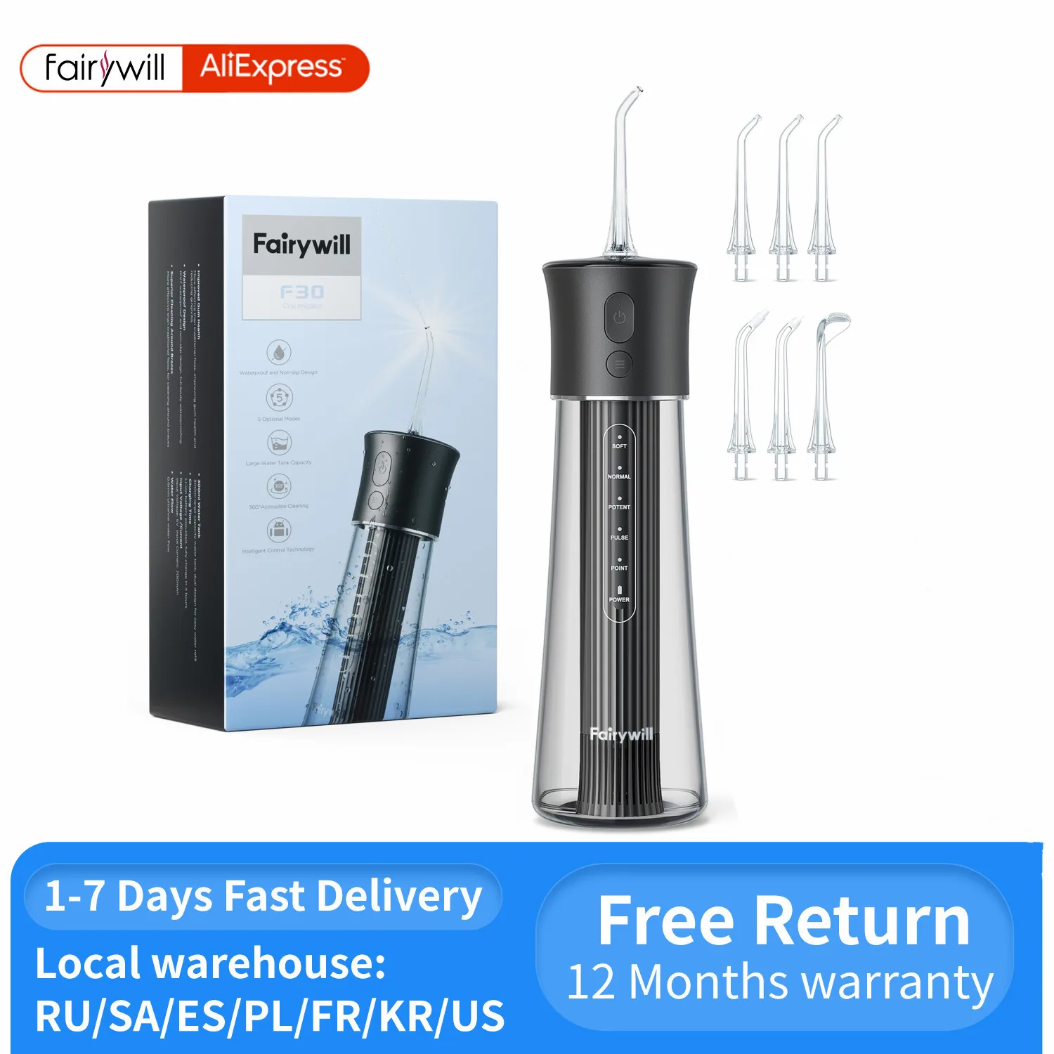 Fairywill F30 Water Flosser 5 Mode Oral Irrigator Teeth Dental Water Jet Rechargeable Portable 300ML Water Tank Teeth Cleaner 1500w 1 2l water tank 3 gears steam mode garment steamer household double rod clothes steamer gc508